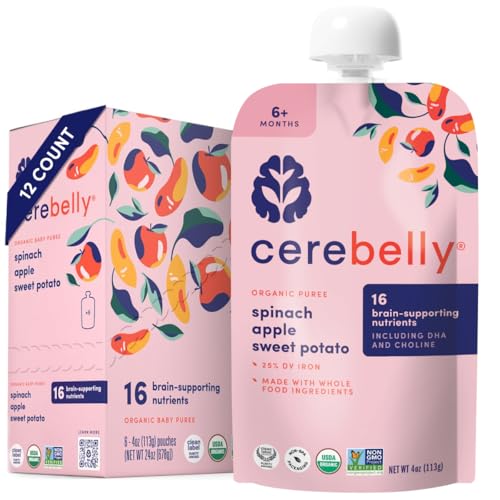 Cerebelly Baby Food Pouches – Organic Veggie Purees for Toddlers | No Added Sugar, Fiber, Non-GMO | Blended Toddler Pouches | 4 Ounce BPA-Free Pouch | Spinach Apple Sweet Potato | 12 Count