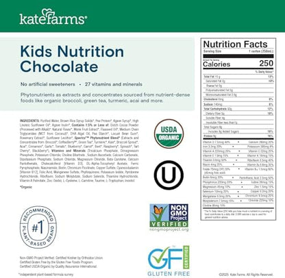 KATE FARMS Organic Kids Nutrition Chocolate Shake, 8g Protein, 27 Vitamins and Minerals, Meal Replacement, Gluten Free, Non-GMO, 8.45 oz (12 Pack)