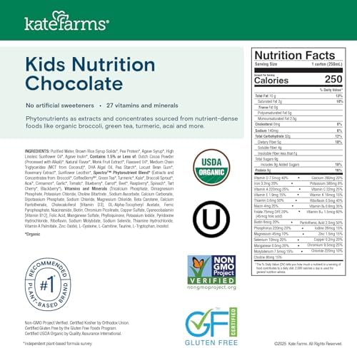 KATE FARMS Organic Kids Nutrition Chocolate Shake, 8g Protein, 27 Vitamins and Minerals, Meal Replacement, Gluten Free, Non-GMO, 8.45 oz (6 Pack)