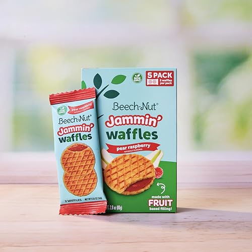 Beech-Nut Toddler Snacks Jammin' Waffles with Fruit Filling for Babies & Toddlers, Pear Raspberry, 10 Boxes (50 Individually Wrapped Packs)