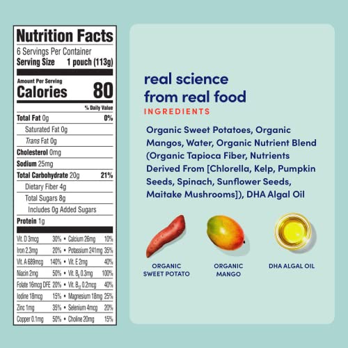 Cerebelly Organic Baby Food Pouches – Organic Veggie Purees for Toddlers | No Added Sugar, Fiber, Non-GMO | Blended Toddler Food | 4oz BPA-Free Baby Food | Sweet Potato Mango | 6 Count