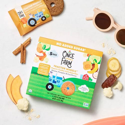 Once Upon A Farm Banana, Pumpkin & Cauliflower Soft Baked Bar Snack, for Toddler, Tractor Wheels, No Added Sugar, Non GMO, 3.35 Ounces (Pack Of 8)