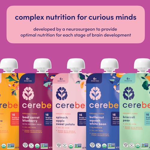 Cerebelly Organic Baby Food Pouches – Dairy Free Smoothies for Toddlers | No Added Sugar, Fiber, Non-GMO | Toddler Smoothie Pouches | 4oz BPA-Free Baby Food | Sweet Potato Banana Blueberry | 12 Count