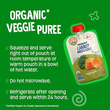 Earth's Best Organic Baby Food Pouches, 6+ Months, Vegetable Puree for Babies 6 Months and Up, Organic Carrots and Broccoli, 3.5 Ounce Resealable Pouch (Pack of 12)