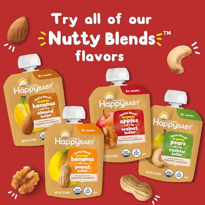 Happy Baby Organics Stage 2 Baby Food Pouches, Gluten Free, Vegan Snack, Nutty Blends, Bananas & Peanut Butter Organic Baby Food, 3 Ounce (Pack of 12)