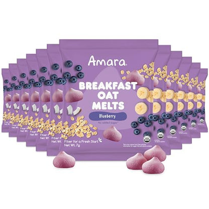 Amara Breakfast Oat Melts - Organic Toddler Snack - Single Serve Fiber-Packed Oat Bites with Real Fruit, No Added Sugar, Quick Dissolving, Blueberry - 12 Pack