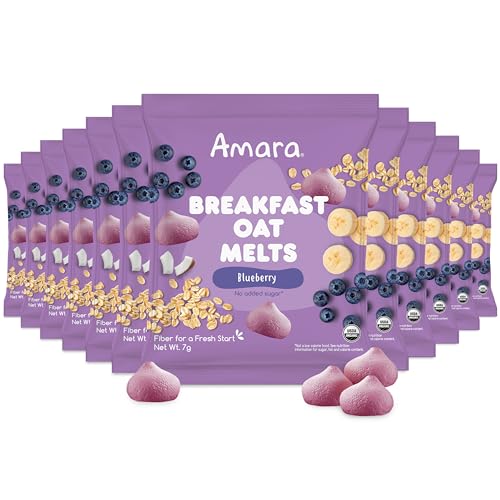 Amara Breakfast Oat Melts - Organic Toddler Snack - Single Serve Fiber-Packed Oat Bites with Real Fruit, No Added Sugar, Quick Dissolving, Blueberry - 12 Pack