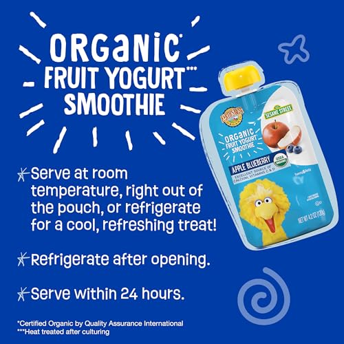 Earth's Best Organic Yogurt Smoothie Pouches, 24+ Months, Fruit Yogurt Smoothie for Toddlers 24 Months and Up, Apple Blueberry, 4.2 Ounce Resealable Pouch (Pack of 12)