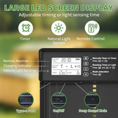 ONKO Automatic Chicken Coop Door Solar Powered with LCD Display, Automatic Chicken Door with Timer & Light Sensor - Remote Control, Anti-Pinch Safety Design & Durable Aluminum Alloy Construction