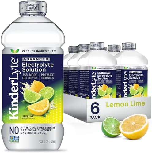 KinderLyte Advanced Electrolyte Solution for Kids and Adults - Hydration Drink (Lemon Lime, 6 Count), With PreMax Prebiotics, No Artificial Sweeteners or Flavors, No Synthetic Dyes