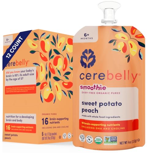 Cerebelly Organic Baby Food Pouches – Dairy Free Smoothies for Toddlers | No Added Sugar, Fiber, Non-GMO | Toddler Smoothie Pouches | 4oz BPA-Free Baby Food | Sweet Potato Peach | 12 Count