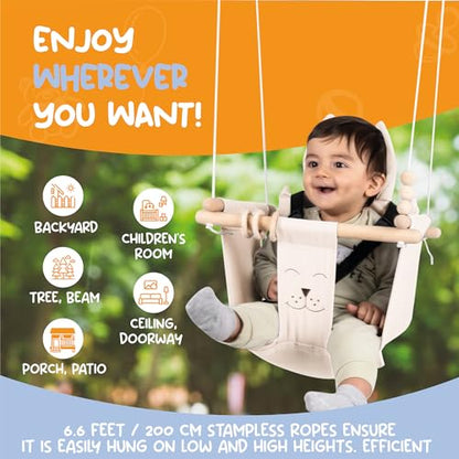 Indoor Outdoor Baby Swing with 3-Point Harness and Hardware for Ceiling, Porch, Doorway, Canvas Baby Swing Outdoor Toddler Swing Seat Beige