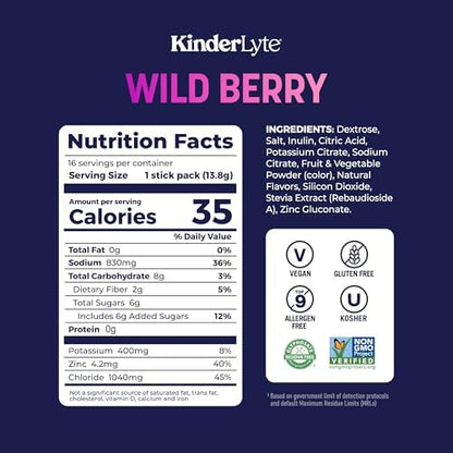 Kinderlyte Advanced Electrolyte Powder for Kids and Adults - Drink Mix Hydration Packets (Wild Berry, 16 Count), with PreMax Prebiotics, No Artificial Sweeteners or Flavors, No Synthetic Dyes