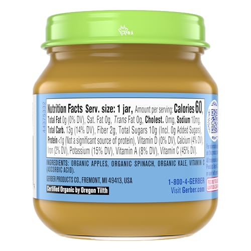 Gerber Stage 2 Baby Food, Organic Apple Spinach with Kale Jar, Fruit & Veggie Puree, Vitamin C, Non-GMO, Baby Food Puree Jars Glass, 10-pack