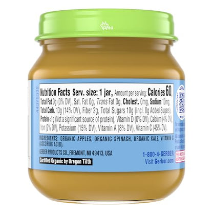 Gerber Stage 2 Baby Food, Organic Apple Spinach with Kale Jar, Fruit & Veggie Puree, Vitamin C, Non-GMO, Baby Food Puree Jars Glass, 10-pack