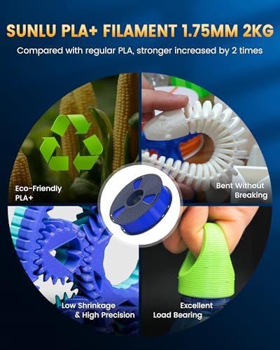 SUNLU PLA+2.0 3D Printer Filament Bundle, 4KG Upgrade PLA+ Filament 1.75mm, Tougher and Stronger, Dimensional Accuracy +/-0.02mm, 1KG per Spool, 4 Packs, 4KG Total, Black+White+Klein Blue+Red