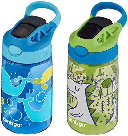 Contigo Aubrey Kids Water Bottle with Silicone Straw and Spill Proof Lid, 14oz, 2-Pack, Whales & Dragon, Blue & Green