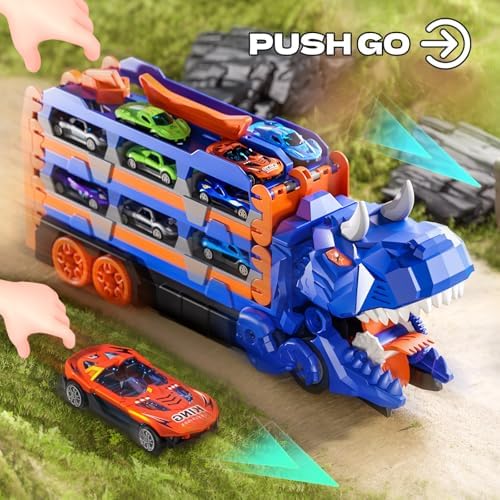 Toddler Car Truck Toys Gifts for 3 4 5 Years Old Boys, Toy Cars Track Set Dinosaur Transport Truck with 12 Pcs Die-Cast Cars Toys, Transforms into Dino, Toy Gifts for 3 4 5 6 Year Old Boys