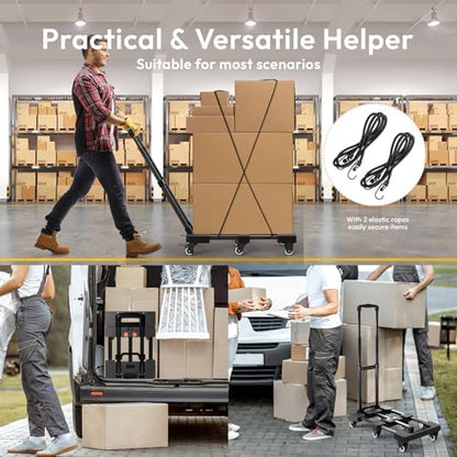 Folding Hand Truck 600lbs, Portable Heavy Duty Dolly Cart, 6 Wheels Collapsible Luggage Cart with 2 Elastic Ropes - Compact Trolley Cart for Easy Moving - Ideal Hand Cart for Travel and More