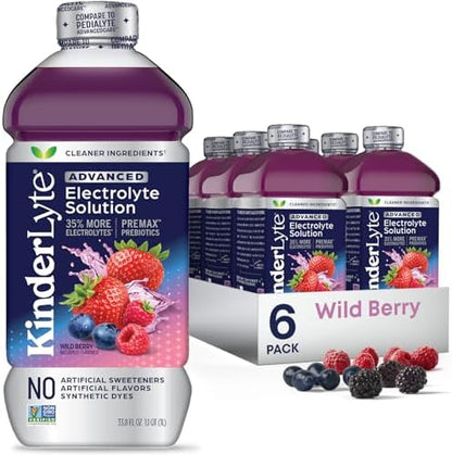 Kinderlyte Advanced Electrolyte Solution, 2X Faster Hydration vs. Water Alone, No Artificial Sweeteners or Flavors, No Synthetic Dyes, Wild Berry, for Kids and Adults, 33.8 fl oz (Pack of 6)