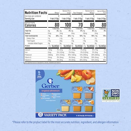 Gerber Stage 2 Baby Food, Tropical Adventure Puree Tubs, No Added Colors or Flavors, Baby Puree, Variety 32-Pack