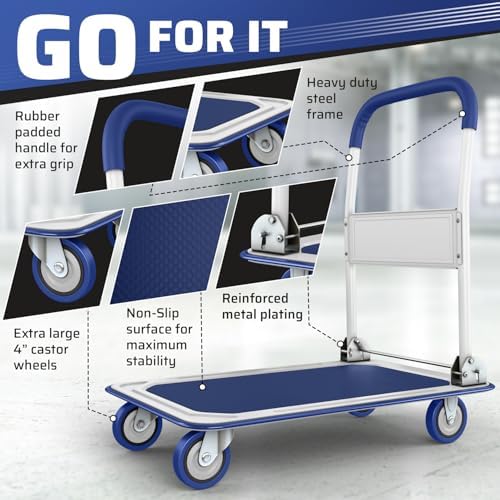 Heavy Duty Foldable Push Cart Dolly | 330 lbs. Capacity | Upgraded Collapsible Hand Truck Platform with Swivel Wheels | Flat Bed Moving Wagon | Space Saving Push Handle (Blue)