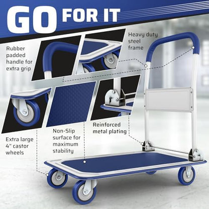 Heavy Duty Foldable Push Cart Dolly | 330 lbs. Capacity | Upgraded Collapsible Hand Truck Platform with Swivel Wheels | Flat Bed Moving Wagon | Space Saving Push Handle (Blue)