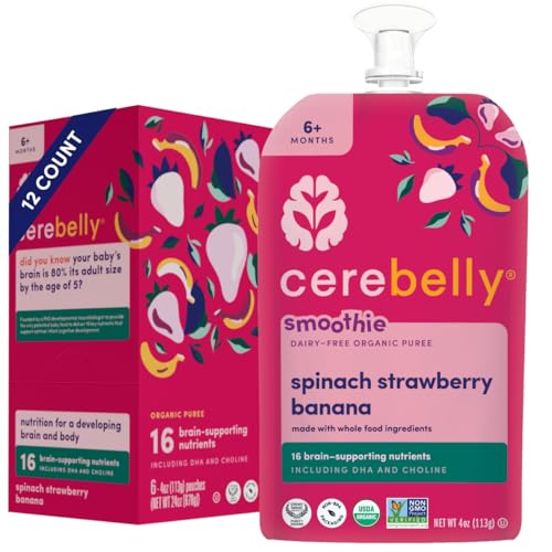 Cerebelly Baby Food Pouches – Organic Dairy Free Smoothies for Toddlers | No Added Sugar, Fiber, Non-GMO | Baby Smoothie Pouches | 4 Ounce BPA-Free Pouch | Spinach Strawberry | 12 Count