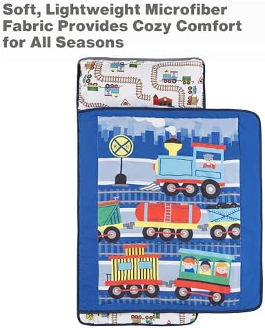 EVERYDAY KIDS Toddler Nap Mat with Removable Pillow -Choo Choo Train- Carry Handle with Fastening Straps Closure, Rollup Design, Soft Microfiber for Preschool, Daycare, Sleeping Bag - Ages 2-6 Years
