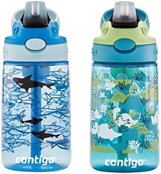 Contigo Aubrey Kids Dinos & Sharks Cleanable Water Bottle with Silicone Straw Spill-Proof Lid Dishwasher Safe 14oz 2-Pack