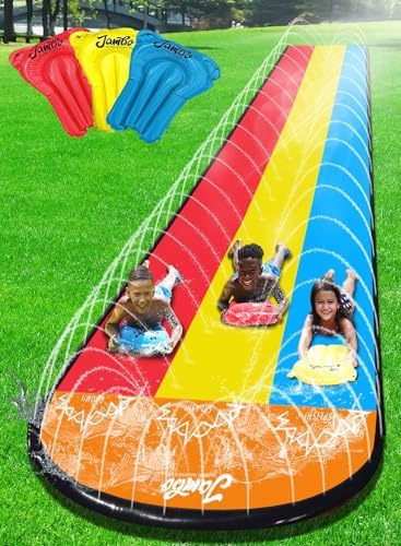 JAMBO 25Ft Premium XXL Slip Splash and Slide with 3 Bodyboards, Heavy Duty Water Slide- Advanced 3-Way Sprinkler System, Splash Mat Splash Pad Backyard Waterslide Outdoor Water Toys n Slides for Kids