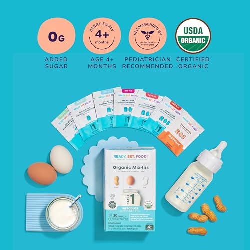 Stage 1 Mix-ins – Safe & Easy Early Allergen Introduction for Babies 4+ Months, Mix with Breastmilk, Formula & Baby Food, With 3 Top Allergens: Organic Peanuts, Milk & Eggs By Ready Set Food!(30 Days)