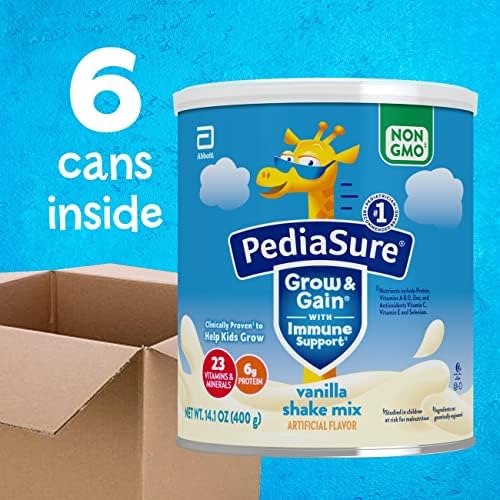 PediaSure Grow & Gain with Immune Support Shake Mix Powder, 23 Vitamins & Minerals, 6g Protein, Non-GMO, Gluten-Free, Kids Nutrition, Vanilla, 14.1 oz Can, Pack of 6-48 servings