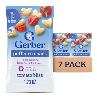 Gerber Toddler Snacks, Snacks for Kids, Kernel Free, Heart Shaped Puffcorn Snack, Tomato Bliss Flavor, Zinc and Iron Helps Support Immune System, 7-Pack