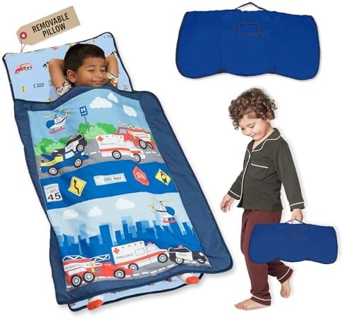 EVERYDAY KIDS Toddler Nap Mat with Removable Pillow -Fire Police Rescue- Carry Handle Fastening Straps Closure, Rollup Design, Soft Microfiber for Preschool, Daycare, Sleeping Bag -Ages 2-6 years