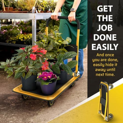 Heavy Duty Foldable Push Cart Dolly | 330 lbs. Capacity | Upgraded Collapsible Hand Truck Platform with Swivel Wheels | Flat Bed Moving Wagon | Space Saving Push Handle (Yellow)