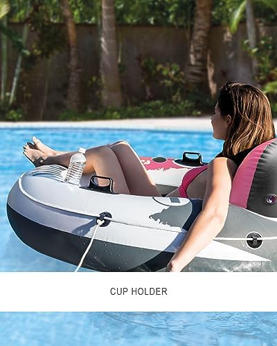 INTEX 58824EP River Run 1 Inflatable Floating Lounge: Comfortable Backrest – Built-in Cup Holders – Durable Grab Handles – All Around Grab Rope – 220lb Weight Capacity – Pink