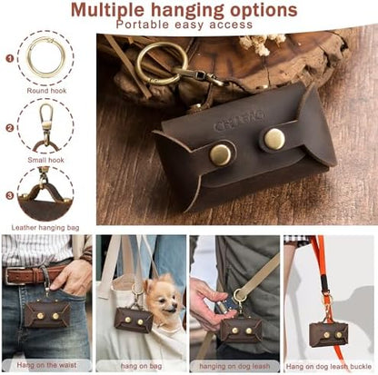 Handmade Leather Dog Poop Bag Dispenser - Stylish and Durable with Belt Attachment for Dog Walkers, Featuring a Brass Metal Clip in Coffee