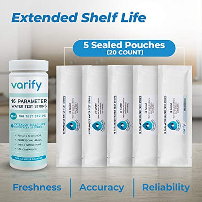 Varify 17in1 Complete Drinking Water Test Kit - 100 Strips + 2 Bacteria Tester Kits - Well, Tap, Home, City Water Testing Strip for Lead, Alkaline, Chlorine, Hardness, Iron, Fluoride, Copper & More