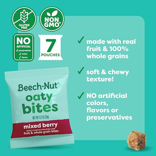 Beech-Nut Toddler Snacks, Oaty Bites with Fruit & Whole Grains, Mixed Berry Toddler Snack Bites for Toddlers 12 Months & Older, Pack of 6 Boxes (42 single-serve bags)