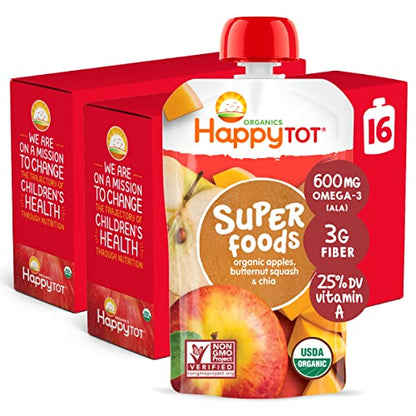 Happy Tot Organics Stage 4 Baby Food Pouches, Gluten Free, Vegan Snack, SuperFoods Fruit & Veggie Puree, Apples, Butternut Squash & Chia, 4.22 Ounce (Pack of 16)