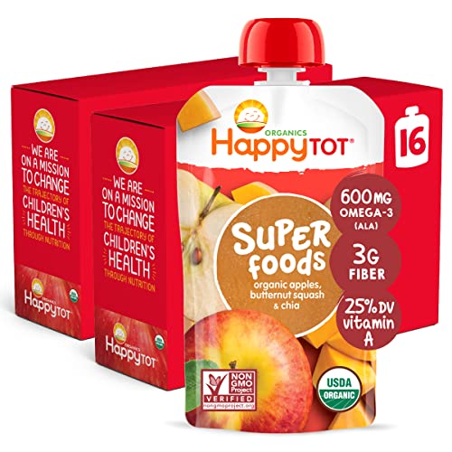 Happy Tot Organics Stage 4 Baby Food Pouches, Gluten Free, Vegan Snack, SuperFoods Fruit & Veggie Puree, Apples, Butternut Squash & Chia, 4.22 Ounce (Pack of 16)