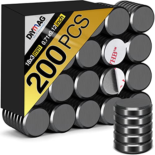 DIYMAG Strong Magnets 200Pcs 0.71x0.12Inch Fridge Refrigerator Magnet for Crafts with Adhesive Backing Magnetic Small Black Button Ceramic Circle Craft Round Heavy Duty Adhesive Neodymium Whiteboard