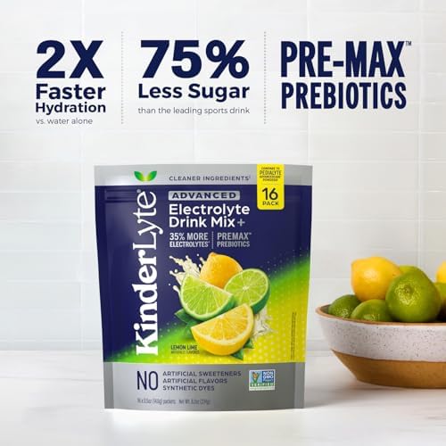 Kinderlyte Advanced Electrolyte Powder for Kids and Adults - Drink Mix Hydration Packets (Lemon Lime, 16 Count), with PreMax Prebiotics, No Artificial Sweeteners or Flavors, No Synthetic Dyes