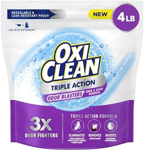 OxiClean Triple Action Odor Blasters Odor and Stain Remover Powder, Use with Detergent, Eliminates Tough Odors and Removes Stains, Color Safe and Chlorine Free, 4 lbs