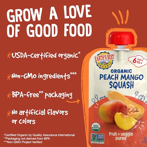 Earth's Best Organic Fruit + Veggie Puree Peach, Mango + Squash Pouch, 3.5 oz (Pack of 12)