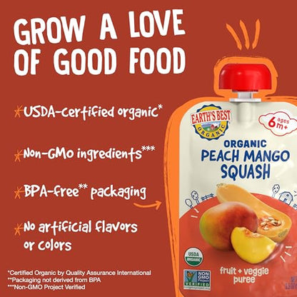 Earth's Best Organic Fruit + Veggie Puree Peach, Mango + Squash Pouch, 3.5 oz (Pack of 12)