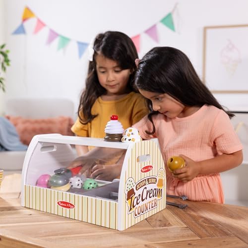 Melissa & Doug Wooden Scoop and Serve Ice Cream Counter (28 pcs) - Play Food and Accessories