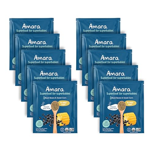 Amara Organic Baby Food - Stage 3 - Black Bean & Sweet Corn - Baby Cereal to Mix With Breastmilk, Water or Baby Formula - Shelf Stable Baby Food Pouches Made from Organic Veggies - 10 Pouches, 3.5oz Per Serving