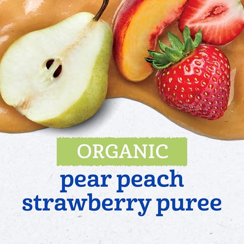 Gerber Stage 2 Baby Food, Organic Pear Peach Strawberry Puree Pouch, 2 Servings of Fruit, No Added Sweetener, No Artificial Colors or Flavors, 12-Pack